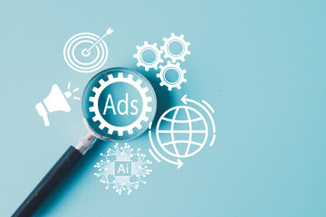 Advertising Technology (AdTech) concept. A magnifying glass focuses on an 'Ads' icon, surrounded by...