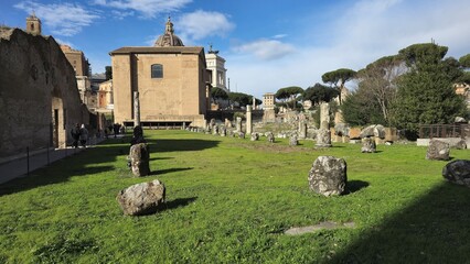 Rome, Italy – 13 January 2025. In the Roman Forum’s Basilica Emilia, circular stone remains are...