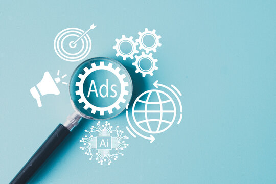 Advertising Technology (AdTech) concept. A magnifying glass focuses on an 'Ads' icon, surrounded by symbols for AI, audience targeting, and global reach for digital marketing campaign optimization.