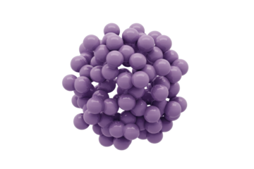 A cluster of glossy purple spheres forms a spherical structure, creating an abstract 3D model. background removed