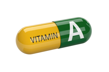 3D rendering of a vitamin A capsule, yellow and green, isolated on transparent background. background removed