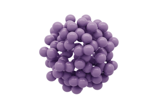 A cluster of glossy purple spheres forms a spherical structure, creating an abstract 3D model. background removed