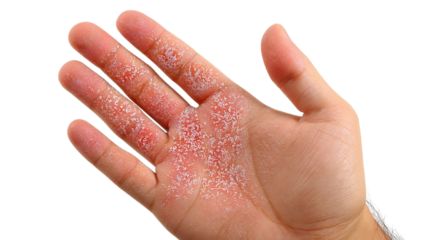 PNG of Close-up of a male hand covered in dry skin and irritable patches, showcasing the texture and condition of the skin.