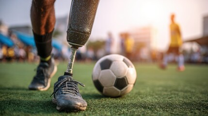 Handsome sporty handicapped man in sportswear and with artificial leg while standing on football court and holding refreshment.