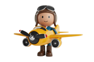 A cheerful cartoon pilot in a vintage yellow plane, ready for flight. background removed