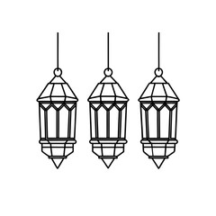Three hanging outline lanterns on transparent background