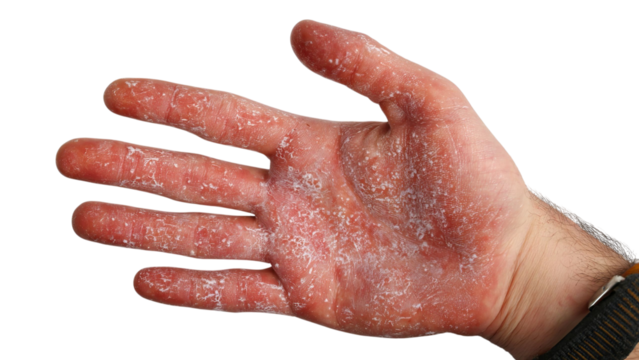 PNG of A close-up of a man’s hand with dry, cracked skin, showcasing the effects of harsh weather or frequent handwashing.