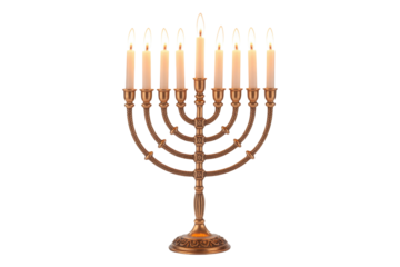 A menorah, a nine-branched candelabrum, lit with candles, symbolizing Hanukkah. background removed