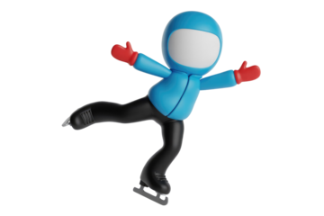 A 3D rendered cartoon figure ice skating, arms outstretched, enjoying winter sports. background removed