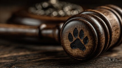 Advocating for animal rights and welfare with a wooden gavel featuring a paw print on a rustic wooden surface symbolizing justice and compassion