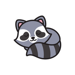 Cute Grey Raccoon Character Sleeping Curled Up With Closed Eyes Simple Doodle Art On Transparent Background