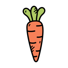 Cute hand drawn orange carrot with green leaves on a white background isolated vector illustration