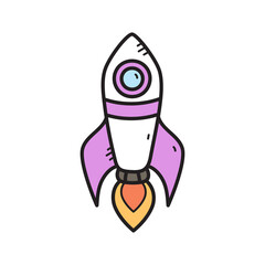 Cute hand drawn white and purple rocket ship with pink accents and blue window blasting off with orange fire against a transparent background whimsical illustration