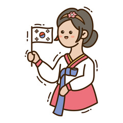 Cute Korean Girl In Traditional Hanbok Dress Holding South Korea Flag On Transparent Background Doodle Style