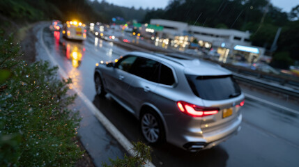 Fototapeta premium A silver SUV drives through rain-soaked highways, showcasing the interplay of vehicle dynamics and rainy weather while lights from other cars streak across the wet road.
