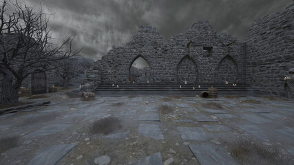 修道女の像がある中庭　3DCGレンダリング
