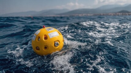 See the vibrant yellow buoy bobbing rhythmically on the ocean waves, perfect for coastal research or marine exploration projects with calm seas