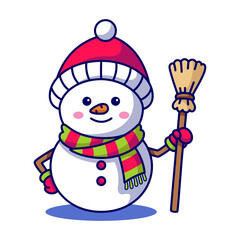 Cute Cartoon Snowman Character Wearing Red Hat and Striped Scarf Holding a Broomstick Ready for Winter Fun and Holidays with Pixel Art Style