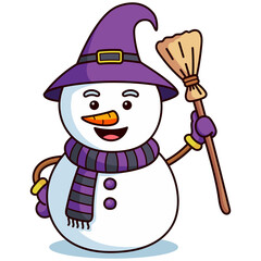 Cute Cartoon Snowman Wearing A Purple Witch Hat And Scarf Holding A Broomstick With A Carrot Nose And Button Eyes On A Transparent Background
