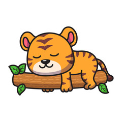 Cute Cartoon Tiger Cub Sleeping Peacefully on a Tree Branch with Green Leaves Transparent Background Adorable Wildlife Illustration