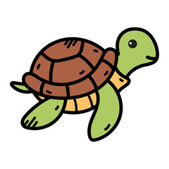 Cute Cartoon Turtle Doodle Illustration With Transparent Background and Simple Outline In Green And Brown Colors
