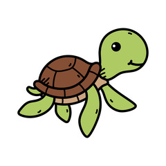 Cute cartoon turtle with brown shell swimming in blue ocean water with transparent background
