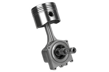 A 3D rendering of a metallic piston and connecting rod assembly, isolated on a transparent background. background removed
