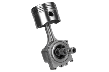 A 3D rendering of a metallic piston and connecting rod assembly, isolated on a transparent background. background removed