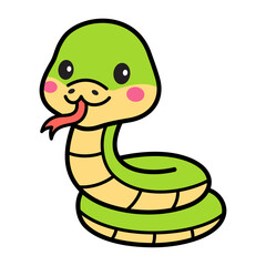 Cute Green Cartoon Snake With Yellow Belly and Pink Cheeks And Red Tongue Flicking In A Playful Pose Isolated On White Background Simple Vector Art