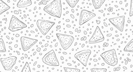 Seamless hand-drawn pattern featuring triangular food slices, possibly bread or toast, with scattered crumbs on a clean white background