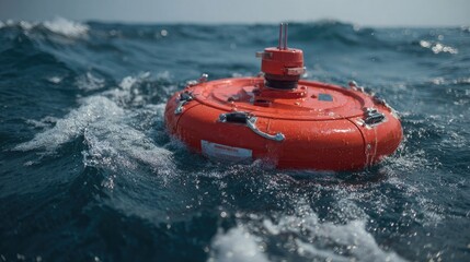 Vibrant orange floating buoy bobs on the ocean's surface, a symbol of safety and maritime navigation amidst dynamic water currents