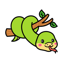 Cute Green Cartoon Snake Wrapped Around a Tree Branch with Green Leaves Isolated on Transparent Background Simple Drawing