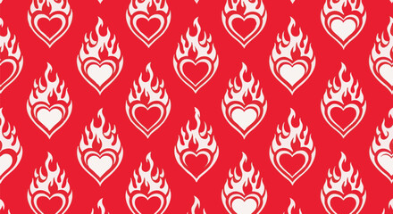 Seamless pattern design featuring flaming hearts on a red background