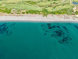 aerial view of a golf course directly at the beach and the Mediterranean Sea, Alcaidesa, Andalusia, Malaga, Cadiz, Spain