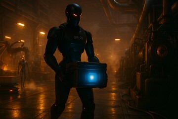 Humanoid Robot Carrying a Cardboard Box while Walking Through a Large Logistics Warehouse with Other Autonomous Robots. Futuristic Workplace with Automation and AI-Powered Work Equipment