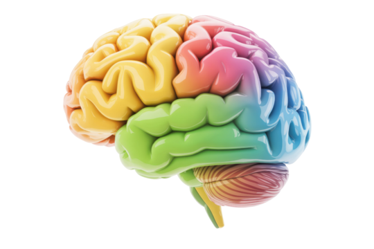 Colorful 3D model of human brain showcasing its lobes and structures. background removed