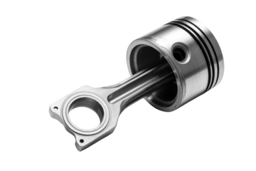 A metallic connecting rod, a crucial engine component, is shown in detail. background removed
