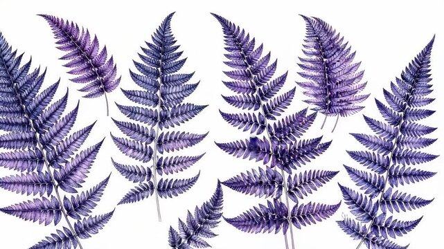 Watercolor illustration of several purple fern leaves arranged on a white background for a floral pattern or wallpaper design.