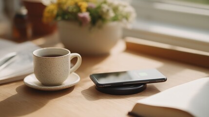 Fototapeta premium Wooden table with a cup of coffee and a smartphone on it. the cup is white with a speckled pattern and is placed on a saucer.
