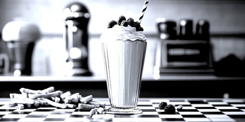Thick milkshake topped with whipped cream and raspberries in a vintage diner with fries on the table