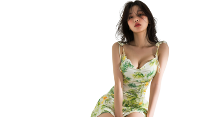 PNG of A young Asian woman in a floral swimsuit poses gracefully, exuding confidence and summer vibes.