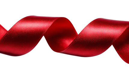Crimson Ribbon's Elegant Spiral: A single, lustrous red ribbon elegantly curls and twists, its smooth surface catching light to showcase its rich color and graceful form.