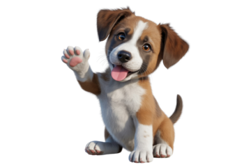 Adorable 3D rendered puppy, waving paw, happy expression, cute cartoon dog. background removed