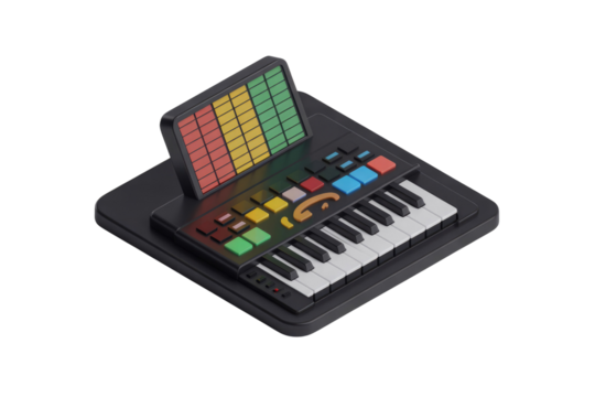 Isometric 3D render of a synthesizer keyboard with colorful buttons and a digital display. background removed