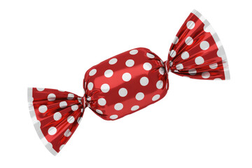 Red candy wrapped in shiny polka dot foil, isolated on transparent background. background removed