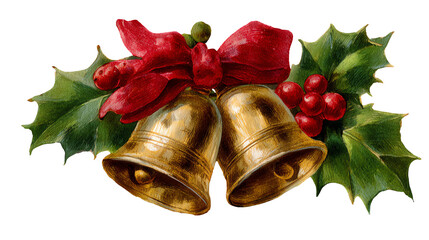 Festive Bells and Holly: Two ornate golden bells are elegantly adorned with lush green holly and a crimson red bow, invoking a sense of traditional Christmas cheer and warmth.