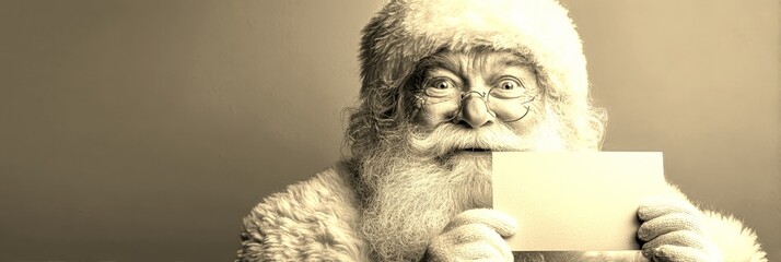 Cheerful man dressed as Santa holding a blank card against a background during a festive celebration