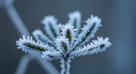 a frozen plant covered in delicate ice crystals. The frost highlights the plant’s fine details, creating a cold, wintery, and natural aesthetic.