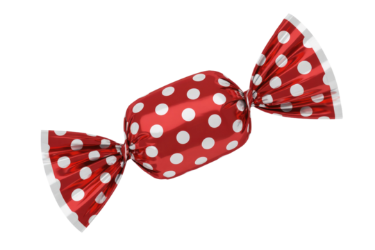 Red candy wrapped in shiny polka dot foil, isolated on transparent background. background removed