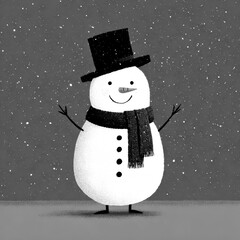 Cheerful snowman wearing a hat and scarf stands against a snowy background during winter festivities